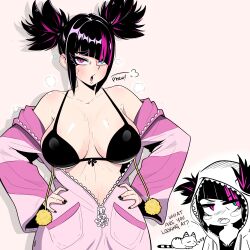 Rule 34 | 1girl, absurdres, blush, bra, breasts, capcom, cat, doph, female focus, han juri, hands on own hips, heterochromia, highres, hood, large breasts, looking at viewer, medium hair, multicolored hair, nail polish, pajamas, solo, steam, street fighter, street fighter 6, sweat, twintails, two-tone hair, underwear, zipper