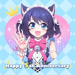 Rule 34 | 1girl, animal ears, anniversary, bell, black hair, blue background, blue eyes, cat ears, cat girl, crown, cyan (show by rock!!), heart, highres, looking at viewer, maid, maid headdress, mel6969, multicolored background, neck bell, open mouth, pink background, purple background, show by rock!!, smile, solo, wavy hair