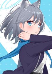 Rule 34 | 1girl, animal ears, black jacket, blazer, blue archive, blue background, blue eyes, blue scarf, cat ears, commentary request, earrings, grey hair, hair between eyes, halo, hand up, jacket, jewelry, open clothes, open jacket, parted lips, rindou ringdong, scarf, school uniform, shiroko (blue archive), shirt, solo, stud earrings, two-tone background, upper body, white background, white shirt