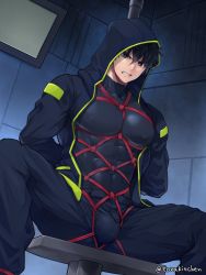 Rule 34 | 1boy, bara, bdsm, belt, black belt, black bodysuit, black hair, black jacket, black pants, bodysuit, bodysuit under clothes, bondage, bound, bound arms, bound legs, bulge, clenched teeth, covered abs, covered erect nipples, covered navel, crotch rope, highres, hood, hood down, hooded jacket, jacket, large pectorals, male focus, muscular, muscular male, open clothes, open jacket, original, pants, pectorals, red rope, restrained, rope, shibari, short hair, sitting, solo, teeth, torakichi (ebitendon), twitter username