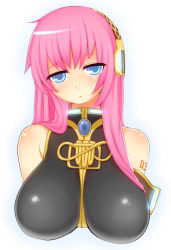 Rule 34 | 1girl, :o, bare shoulders, blue eyes, breasts, head tilt, huge breasts, long hair, looking at viewer, megurine luka, pink hair, solo, torathi, upper body, vocaloid, white background