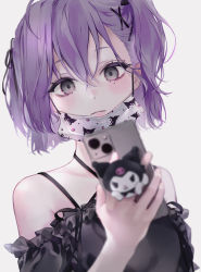Rule 34 | 1girl, bbony 0 0, black eyes, bow, hair ornament, hairclip, highres, jewelry, kuromi, mask, mole, mole under eye, mouth mask, necklace, onegai my melody, original, pale skin, phone, purple hair, sanrio, selfie, sleeveless, star (symbol), twintails