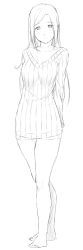 Rule 34 | 1girl, arms behind back, bare legs, barefoot, breasts, dress, full body, greyscale, highres, large breasts, long hair, looking at viewer, monochrome, niwatazumi, original, sidelocks, sketch, smile, solo, standing, sweater, sweater dress, white background