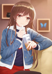 Rule 34 | 1girl, arm rest, blue jacket, blue shirt, blush, brown eyes, brown hair, bubble tea, bug, butterfly, buttons, closed mouth, couch, crossed legs, cup, denim, denim jacket, earrings, fingernails, food, hair between eyes, highres, holding, holding food, hood, hooded jacket, hoodie tug, indoors, insect, jacket, jewelry, kanojo okarishimasu, long hair, long sleeves, looking at viewer, mizuhara chizuru, multicolored clothes, nail polish, pantyhose, pocket, red skirt, rko (a470350510), shirt, sidelocks, sitting, skirt, smile, solo, star (symbol), star earrings, upper body, white hood, zipper, zipper pull tab