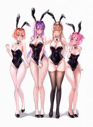 Rule 34 | 4girls, absurdres, alternate costume, animal ears, bare shoulders, black bow, black bowtie, black footwear, black leotard, black thighhighs, blue eyes, blush, bow, bowtie, breasts, brown hair, buttons, closed eyes, collarbone, commentary, covered navel, detached collar, doki doki literature club, english commentary, fake animal ears, fishnet pantyhose, fishnets, full body, hair between eyes, hair bow, hair ornament, hair ribbon, hairclip, hairpin, hand up, hands on another&#039;s shoulders, hands up, highres, holding, holding hands, large breasts, leg up, legs, leotard, long hair, looking at another, machulanko, medium breasts, monika (doki doki literature club), multiple girls, natsuki (doki doki literature club), open mouth, orange hair, pantyhose, pink eyes, pink hair, playboy bunny, ponytail, purple eyes, purple hair, rabbit ears, red ribbon, ribbon, sayori (doki doki literature club), shadow, shoes, short hair, sidelocks, simple background, smile, standing, standing on one leg, strapless, strapless leotard, thighhighs, tongue, two side up, white background, white bow, white pantyhose, wing collar, wrist cuffs, yuri (doki doki literature club)