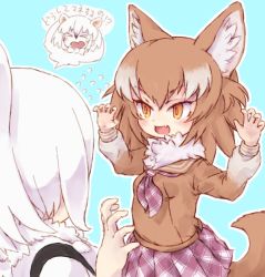Rule 34 | &gt; &lt;, 10s, 2girls, animal ear fluff, animal ears, anteater ears, blush, bow, bowtie, brown hair, chibi, chibi inset, claw pose, commentary request, fang, flying sweatdrops, fur collar, highres, japanese wolf (kemono friends), kemono friends, kolshica, long hair, long sleeves, multicolored hair, multiple girls, neckerchief, open mouth, plaid, plaid neckwear, plaid skirt, pleated skirt, sailor collar, short hair, skirt, southern tamandua (kemono friends), sweater, tail, tearing up, translation request, white hair, wolf ears, wolf tail, yellow eyes