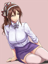 Rule 34 | 1girl, alternate legwear, arm support, ashigara (kancolle), ashigara kai ni (kancolle), breasts, brown eyes, brown hair, closed mouth, collared shirt, commentary request, grey background, hair ornament, hairband, ishii hisao, kantai collection, large breasts, long hair, long sleeves, looking to the side, miniskirt, pencil skirt, pink thighhighs, ponytail, purple skirt, shirt, simple background, sitting, skirt, smile, solo, thighhighs, thighs, white shirt, wing collar, yokozuwari, zettai ryouiki