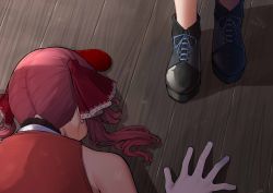 Rule 34 | 2girls, absurdres, black footwear, bow, facing away, fold-over boots, gloves, hair bow, highres, hololive, houshou marine, lying, mikan (chipstar182), multiple girls, on stomach, red bow, red hair, red vest, solo focus, translation request, twintails, uruha rushia, vest, virtual youtuber, white gloves, wooden floor