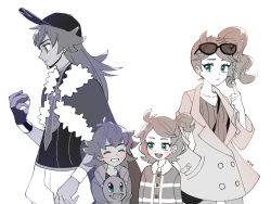 Rule 34 | 1boy, 1girl, aged down, baseball cap, cape, closed eyes, coat, collarbone, cowboy shot, creatures (company), dark-skinned male, dark skin, dynamax band, facial hair, game freak, glasses on head, goatee, green eyes, twirling hair, hand in pocket, hat, hinaki (hinaaaaa1002), holding, holding poke ball, holding pokemon, jacket, leon (pokemon), long hair, looking at another, nintendo, open mouth, poke ball, pokemon, pokemon (anime), pokemon (creature), pokemon journeys, pokemon swsh043, side ponytail, sonia (pokemon), spot color, teeth, time paradox, white background, wristband, yellow eyes