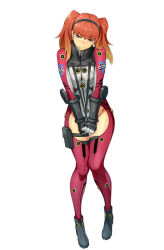 Rule 34 | 1girl, artist request, bertha bernstein, blonde hair, bodysuit, embarrassed, fang, full body, gloves, gradient hair, hairband, holster, long hair, looking at viewer, multicolored hair, official art, own hands together, red hair, solo, strap pull, super robot wars, super robot wars x-omega, thigh holster, twintails, v arms
