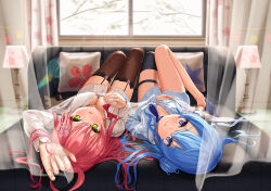 Rule 34 | 2girls, :o, :q, absurdres, ahoge, asakura (asa t77), ascot, bed, black thighhighs, blue ascot, blue eyes, blue hair, bow, breasts, brown thighhighs, commentary request, curtains, day, garter straps, green eyes, hair bun, hair ornament, highres, hololive, hoshimachi suisei, hoshimachi suisei (school uniform), lamp, long hair, looking at viewer, lying, medium breasts, multiple girls, no pants, on back, on bed, open mouth, pillow, pink hair, red bow, sakura miko, sakura miko (casual), shirt, single thighhigh, small breasts, smile, sunlight, thigh strap, thighhighs, tongue, tongue out, virtual youtuber, wavy hair, white shirt, window