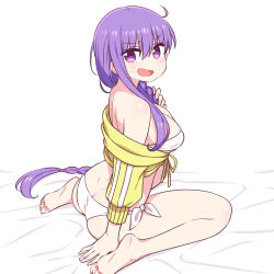 Rule 34 | 1girl, :d, ass, bandeau, bare legs, barefoot, bb (fate), bb (fate) (all), bb (swimsuit mooncancer) (fate), bb (swimsuit mooncancer) (first ascension) (fate), bikini, breasts, butt crack, chan co, cleavage, dimples of venus, fate/grand order, fate (series), hair between eyes, hair over shoulder, long hair, looking at viewer, looking back, medium breasts, off shoulder, open mouth, purple eyes, purple hair, side-tie bikini bottom, single sidelock, sitting, smile, solo, swimsuit, very long hair, wariza, white bikini