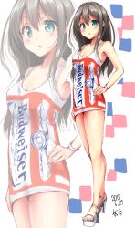 Rule 34 | 1girl, :o, black hair, blue eyes, blush, budweiser, dated, dress, full body, hair between eyes, hand on own hip, high heels, highres, idolmaster, idolmaster cinderella girls, long hair, long legs, mokufuu, product placement, shibuya rin, signature, simple background, solo, standing, thighs, white background, zoom layer