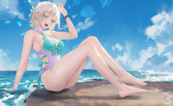 Rule 34 | 1girl, absurdres, arm up, ass, bare legs, bare shoulders, barefoot, beach, blue sky, blush, borrowed character, breasts, casual one-piece swimsuit, cirilla lin, cleavage, cloud, commentary, day, feet, highres, jewelry, legs, looking at viewer, medium breasts, nacchan (ohisashiburi), ocean, one-piece swimsuit, open mouth, original, outdoors, red eyes, short hair, sitting, sky, smile, solo, swimsuit, thighs, water, wet, white hair