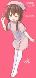 Rule 34 | 10s, 1girl, 2015, alternate costume, brown eyes, brown hair, dated, folded ponytail, full body, gurande (g-size), highres, inazuma (kancolle), kantai collection, legs together, long hair, nurse, pantyhose, pink background, simple background, solo, syringe, white pantyhose