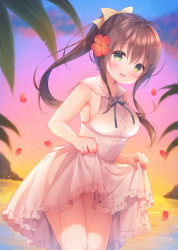 Rule 34 | 1girl, blush, breasts, brown hair, clothes lift, dress, dress lift, green eyes, hair between eyes, highres, lifted by self, looking at viewer, medium breasts, open mouth, original, outdoors, petals, ponytail, sleeveless, sleeveless dress, solo, standing, sunset, usashiro mani, water, wet