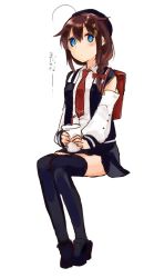 Rule 34 | 1girl, ahoge, backpack, bag, black thighhighs, blue eyes, braid, brown hair, hair flaps, hair ornament, hair over shoulder, jacket, kantai collection, kurou oruha, multicolored clothes, multicolored jacket, necktie, official alternate costume, red necktie, shigure (kancolle), shigure kai ni (kancolle), shirt, simple background, single braid, sitting, solo, thighhighs, two-tone jacket, white background, white shirt