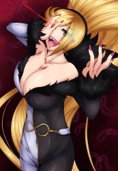 1girl :d absurdly_long_hair bare_shoulders black_eyes blonde_hair breasts byakkun_(byakkun8181) cleavage dress feather_boa fur_trim high_ponytail highres hilda_(under_night_in-birth) large_breasts long_hair looking_at_viewer multicolored_dress off-shoulder_dress off_shoulder open_mouth ponytail purple_lips purple_nails smile solo swept_bangs two-tone_dress under_night_in-birth very_long_hair