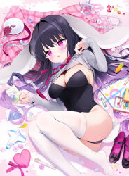 Rule 34 | 1girl, animal ears, ass, black hair, black leotard, blush, breasts, cleavage, clothes lift, covered navel, highres, kurimochi chizuru, legs, leotard, leotard under clothes, lifting own clothes, long hair, lying, medium breasts, on side, open mouth, original, pillow, playboy bunny, purple eyes, rabbit ears, rabbit girl, rabbit tail, shirt, shirt lift, solo, strapless, strapless leotard, tail, thighhighs, thighs, unworn footwear, white shirt, white thighhighs