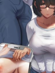 Rule 34 | 1girl, ass, black-framed eyewear, black hair, blue pants, breasts, cellphone, clothes lift, from below, glasses, holding, holding phone, large breasts, nohito, original, pants, phone, shirt, shirt lift, short hair, smartphone, white shirt