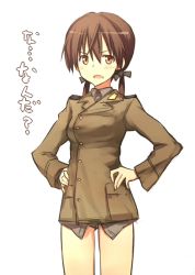 Rule 34 | 1girl, blush, brown eyes, brown hair, gertrud barkhorn, hair ribbon, hands on own hips, military, military uniform, open mouth, ribbon, sandwich (artist), simple background, solo, strike witches, translated, tsuchii (ramakifrau), twintails, uniform, world witches series
