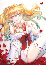 Rule 34 | 1girl, blonde hair, breasts, cleavage, collarbone, commentary request, flower, hair ribbon, heart, japanese clothes, kimono, kimura pikoriino, large breasts, off shoulder, original, parted lips, red eyes, ribbon, ribbon-trimmed sleeves, ribbon-trimmed thighhighs, ribbon trim, short kimono, smile, solo, thighhighs, twintails, white thighhighs, wide sleeves