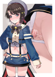 Rule 34 | 1girl, absurdres, anal, anal object insertion, aqua eyes, armband, ass, bad id, bad pixiv id, black hair, blue jacket, blue skirt, blush, bow, bowtie, breasts, censored, cropped jacket, from below, hair ornament, hairclip, hat, highres, hololive, jacket, long sleeves, looking at viewer, mtu virus, multiple views, navel, object insertion, oozora subaru, oozora subaru (work), panties, pussy, sex toy, shirt, short hair, shorts, skirt, sleeve cuffs, solo, standing, star (symbol), steam, striped clothes, striped shirt, suspender shorts, suspenders, sweat, thighhighs, thighs, underwear, upskirt, vertical-striped clothes, vertical-striped shirt, vibrator, vibrator under clothes, vibrator under panties, virtual youtuber, white panties, yuukauta