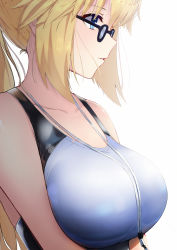 Rule 34 | 1girl, absurdres, alternate hairstyle, bare shoulders, bespectacled, black-framed eyewear, blonde hair, blue eyes, blush, breasts, collarbone, competition swimsuit, eyelashes, fate/grand order, fate (series), glasses, highres, jeanne d&#039;arc (fate), jeanne d&#039;arc (ruler) (fate), jeanne d&#039;arc (swimsuit archer) (fate), jeanne d&#039;arc (swimsuit archer) (second ascension) (fate), large breasts, light smile, long hair, looking away, mari (doraerin0), multicolored clothes, multicolored swimsuit, nose, one-piece swimsuit, parted lips, ponytail, profile, sidelocks, simple background, solo, swimsuit, teeth, two-tone swimsuit, whistle, whistle around neck, white background, white one-piece swimsuit