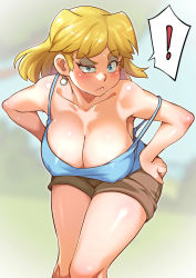Rule 34 | !, 1girl, alternate body size, alternate breast size, bare arms, bare shoulders, blonde hair, blue eyes, blue shirt, blurry, blurry background, blush, breasts, brown shorts, cargo shorts, cleavage, collarbone, earrings, eyeshadow, facing viewer, feet out of frame, hands on own hips, highres, jcm2, jewelry, large breasts, leaning forward, long hair, looking at viewer, lori loud, makeup, nickelodeon, no bra, outdoors, raised eyebrow, shiny skin, shirt, short shorts, shorts, spoken exclamation mark, standing, strap slip, sweat, tank top, the loud house, thick thighs, thighs