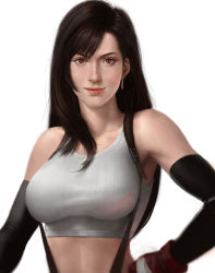 Rule 34 | 1990s (style), 1girl, breasts, brown eyes, elbow gloves, female focus, final fantasy, final fantasy vii, fingerless gloves, gloves, highres, idnar, large breasts, lips, long hair, midriff, realistic, red eyes, retro artstyle, solo, square enix, suspenders, tifa lockhart