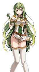 Rule 34 | 1girl, ahoge, arm guards, armor, belt, blush, boots, breastplate, breasts, brown belt, closed mouth, commentary, detached sleeves, dress, erinys (fire emblem), eyelashes, feet out of frame, fingerless gloves, fire emblem, fire emblem: genealogy of the holy war, fire emblem heroes, gloves, gold trim, green eyes, green gloves, green hair, green nails, groin, hair between eyes, highres, lips, long hair, looking at viewer, medium breasts, nail polish, nintendo, no panties, pelvic curtain, shoulder armor, simple background, smile, solo, thigh boots, thighhighs, thighs, tsukishiro saika, white background, white dress, white thighhighs, wind, wing collar