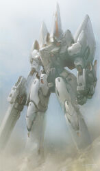 Rule 34 | arms at sides, artist name, beam rifle, chinese commentary, clenched hand, cloud, cloudy sky, commentary request, dated, day, desert, energy gun, full body, gun, gundam, gundam wing, highres, holding, holding gun, holding weapon, legs apart, mecha, mecha focus, mobile suit, no humans, outdoors, robot, science fiction, sky, solo, taurus (mobile suit), weapon, windforcelan