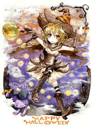 Rule 34 | 1girl, boots, braid, castle, cat, ghost, h sakray, halloween, happy halloween, hat, highres, jack-o&#039;-lantern, original, pumpkin, sakurai haruto, solo, witch, witch hat