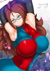Rule 34 | 1girl, android 21, arc system works, armpits, blue eyes, breasts, brown hair, character name, checkered clothes, dragon ball, dragon ball fighterz, earrings, female focus, glasses, gold earrings, hoop earrings, jewelry, keiryu, large breasts, long hair, looking at viewer, sidelocks, solo, teeth, very long hair