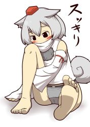 Rule 34 | 1girl, animal ears, black eyes, blush, blush stickers, detached sleeves, feet, female focus, full body, gradient background, grey hair, grey panties, hat, inubashiri momiji, panties, scarf, scarf over mouth, short hair, smile, solo, tail, tokin hat, touhou, underwear, white background, wolf ears, wolf tail, zannen na hito