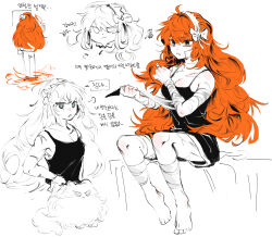 Rule 34 | 1girl, angry, applying bandages, b gaemi, bandages, black shirt, black shorts, bow, closed mouth, cutting hair, freckles, green eyes, hair bow, hair focus, hairband, highres, ishmael (project moon), korean text, limbus company, long hair, multiple views, open mouth, orange hair, partially colored, project moon, shirt, shorts, sitting, sleeveless, sleeveless shirt, translation request, very long hair