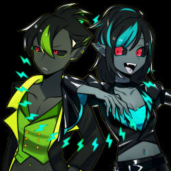 Rule 34 | 1boy, 1girl, arm on another&#039;s shoulder, astalos, belt, black background, black belt, black coat, black hair, black jacket, black pants, black sclera, black skin, black skirt, blue eyeliner, blue hair, blue nails, boltreaver astalos, breasts, brother and sister, choker, cleavage cutout, closed mouth, clothing cutout, coat, colored sclera, colored skin, ear piercing, earrings, eyeliner, fangs, frown, green eyeliner, green hair, green vest, grey skin, highres, jacket, jewelry, leather, leather jacket, leather skirt, lightning bolt symbol, long sleeves, looking at viewer, looking to the side, makeup, medium breasts, monster hunter (series), monster hunter xx, multicolored hair, navel cutout, navel piercing, open mouth, pants, personification, piercing, pointy ears, red eyes, ribbon choker, siblings, skirt, smile, strapless, stud earrings, tongue, tongue piercing, tube top, two-tone hair, user ttug5452, vest