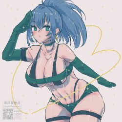 Rule 34 | blue hair, breasts, choker, cleavage, earrings, elbow gloves, gloves, green eyes, green gloves, highres, jewelry, large breasts, leona heidern, midriff, navel, ponytail, salute, the king of fighters, thighs, thong, triangle earrings, wada chakuchiten