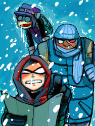 Rule 34 | 3boys, backpack, bag, beast boy (dc), black hair, cartoon network, cold, colored skin, cyborg, cyborg (dc), dark skin, dc comics, dick grayson, domino mask, earflap hat, garfield logan, gloves, goggles, goggles on headwear, green skin, hat, hood, hoodie, male focus, map, mask, multiple boys, one-eyed, pointing, robin (dc), scarf, snot, snow, snowing, teen titans, trembling, victor stone