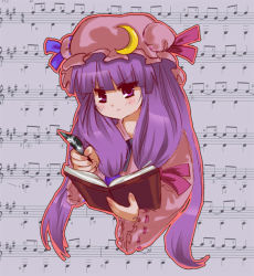 Rule 34 | 1girl, beamed quavers, book, female focus, hat, long hair, musical note, noorrzz, patchouli knowledge, purple eyes, purple hair, ribbon, sharp sign, sheet music, solo, staff (music), touhou, treble clef