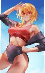 Rule 34 | 1girl, absurdres, aragiken, blonde hair, blue sky, cloud, commentary, cowboy shot, crop top, from below, grin, hair between eyes, hand on own hip, highres, hololive, hololive indonesia, kaela kovalskia, looking at viewer, medium hair, midriff, red eyes, red tank top, shading eyes, sky, smile, solo, tank top, toned, virtual youtuber