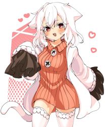 Rule 34 | 1girl, :d, animal ears, breasts, cat ears, cat girl, cat tail, coat, doroame (ameyu), dress, frilled sleeves, frills, long sleeves, medium breasts, open clothes, open coat, open mouth, original, red eyes, short hair, sketch, sleeves past fingers, sleeves past wrists, smile, sweater, sweater dress, tail, thighhighs, white hair, white thighhighs, zettai ryouiki