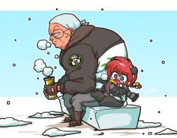 Rule 34 | 1boy, 1girl, blue eyes, braid, child, eating, father and daughter, food, genderswap, genderswap (mtf), glasses, ranma-chan, ranma 1/2, red hair, saotome genma, saotome ranma, single braid, sitting, snow, snowing, wanta (futoshi), aged down
