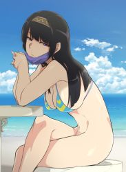 Rule 34 | 1girl, absurdres, beach, bikini, bikini top only, black hair, blue bikini, blunt bangs, bottomless, breasts, cloud, crossed legs, day, from side, hairband, half-closed eyes, highres, kizuki rei, large breasts, long hair, looking at viewer, mask, mask pull, mouth mask, navel, ocean, original, outdoors, own hands together, purple eyes, sitting, sky, solo, swimsuit, table, tsurime