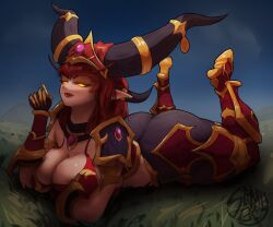 Rule 34 | 1girl, 2023, alexstrasza, armlet, armor, artist name, ass, black gloves, bra, braid, breast press, breasts, cleveage, collarbone, colored sclera, commentary, detached collar, dragon horns, english commentary, eyebrows, fangs, gauntlets, gloves, glowing, glowing eyes, gold, gold trim, gradient background, grass, grin, hair ornament, half-closed eyes, headgear, heels, highres, horns, huge ass, jewelry, knee pads, large breasts, leg armor, leg up, lips, long eyebrows, long hair, looking at viewer, lying, necklace, night, night sky, on stomach, orange sclera, outdoors, pants, pointy ears, red bra, red footwear, red hair, red lips, shadow, shoulder armor, shoulder pads, sky, slimybuttcheeks, slit pupils, smile, solo, thick thighs, thighs, underwear, warcraft, wide hips, world of warcraft
