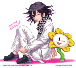 Rule 34 | 1boy, :p, arm belt, belt, black eyes, black footwear, black scarf, buttons, character name, checkered clothes, checkered scarf, closed mouth, copyright name, crossover, danganronpa (series), danganronpa v3: killing harmony, flower, flowey (undertale), full body, hair between eyes, hand on own leg, knees up, layered sleeves, long sleeves, looking at viewer, male focus, medium hair, multiple belts, nabeya sakihana, oma kokichi, one eye closed, pants, purple eyes, purple hair, scarf, shadow, shirt, shoes, signature, simple background, sitting, solid oval eyes, thigh belt, thigh strap, tongue, tongue out, torn clothes, torn shirt, twitter username, two-tone scarf, undertale, white background, white belt, white pants, white scarf, white shirt, white sleeves, yellow flower