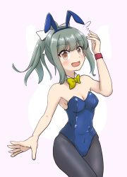 Rule 34 | 1girl, absurdres, animal ears, black pantyhose, blue leotard, bow, bowtie, breasts, brown eyes, cameltoe, cleavage, covered navel, cowboy shot, detached collar, fake animal ears, flying sweatdrops, grey hair, hair ribbon, highres, kantai collection, leotard, long hair, looking at viewer, medium breasts, minamino, pantyhose, playboy bunny, ponytail, rabbit ears, rabbit tail, ribbon, sidelocks, simple background, solo, strapless, strapless leotard, tail, white background, white ribbon, wristband, yellow bow, yellow bowtie, yuubari (kancolle), yuubari kai ni (kancolle)