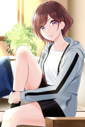 Rule 34 | 1girl, absurdres, brown hair, commentary request, couch, grey jacket, hair ornament, hairclip, highres, higuchi madoka, idolmaster, idolmaster shiny colors, jacket, knee up, long sleeves, looking at viewer, miniskirt, mole, mole under eye, myjiq, purple eyes, shirt, short hair, sitting, skirt, solo, suspender skirt, suspenders, swept bangs, white shirt