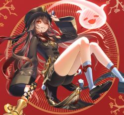 Rule 34 | 1girl, bibi (obb spl), black nails, brown hair, chinese clothes, coat, coattails, flat chest, flower-shaped pupils, full body, genshin impact, gradient hair, hat, highres, holding, holding clothes, holding hat, hu tao (genshin impact), jewelry, long hair, looking at viewer, multicolored hair, nail polish, open mouth, porkpie hat, red background, red eyes, ring, socks, staff of homa (genshin impact), symbol-shaped pupils, teeth, thighs