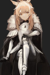 Rule 34 | 1girl, ;), animal ear fluff, animal ears, arknights, armor, armored boots, black background, blemishine (arknights), blonde hair, boots, breastplate, cape, extra ears, full body, fur trim, greaves, hand on own knee, highres, horse ears, horse girl, ichika (ichika87), kingdom of kazimierz logo, long hair, looking at viewer, one eye closed, plate armor, sitting, smile, solo, vambraces, weapon, yellow eyes